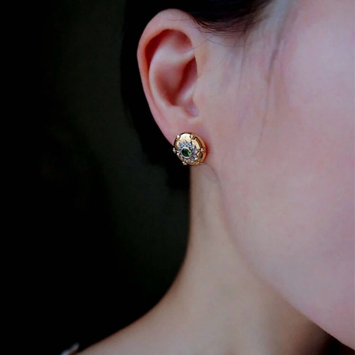 “Lilah” Vintage Style Gold Emerald Geometric Earrings