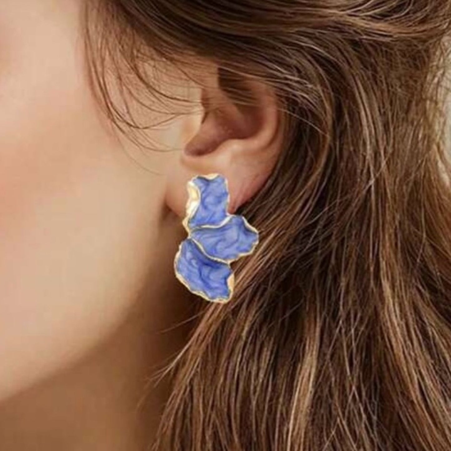 Petite "Sophia" Blue + Gold Leaf Floral Earring