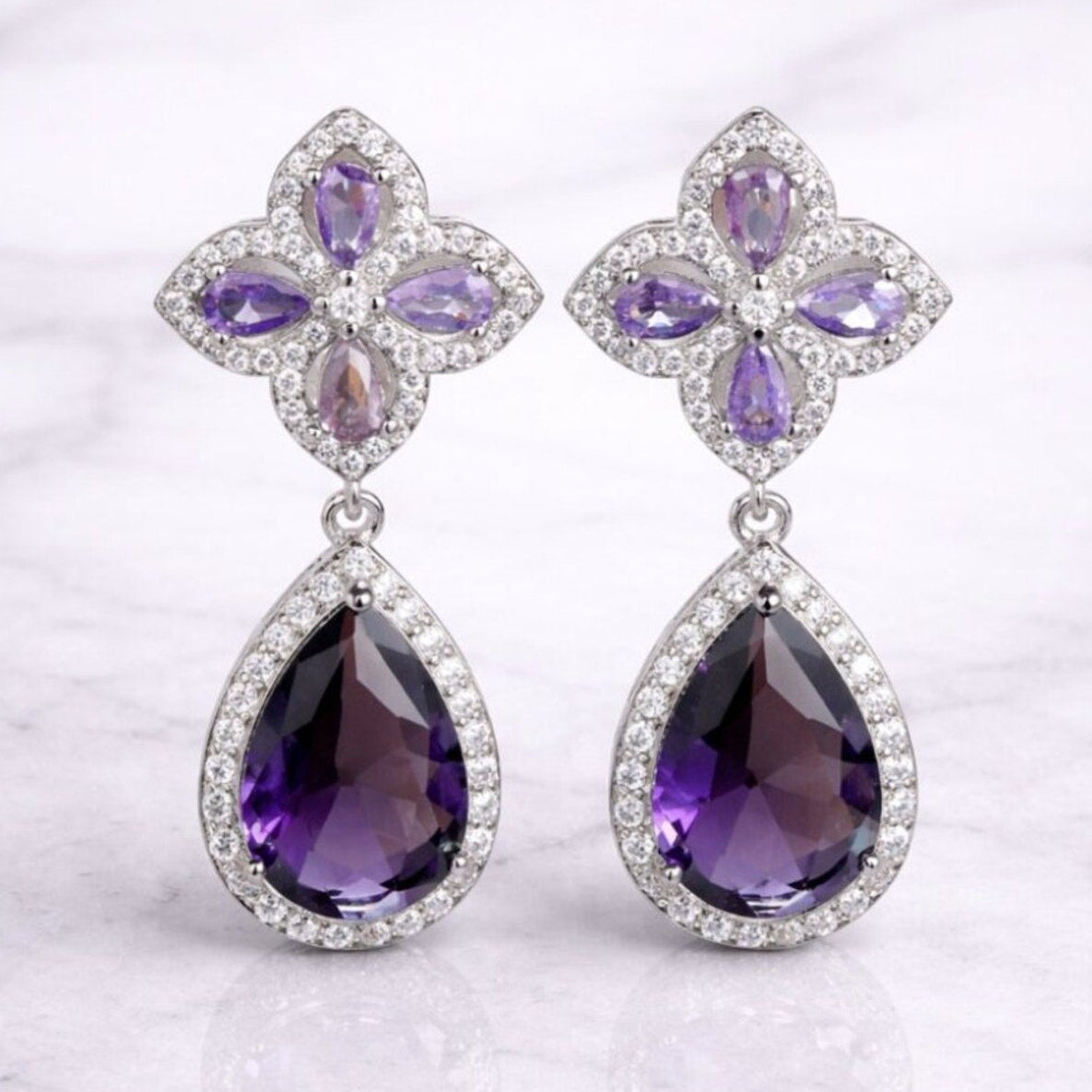 “Stewart” Purple Clover Drop Earrings – Amethyst Teardrop Halo Statement Earrings
