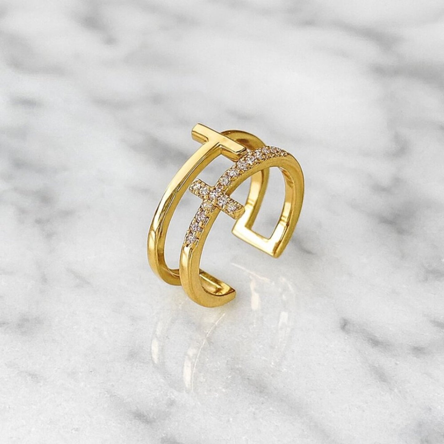 "Beloved" Adjustable Layered Cross Ring
