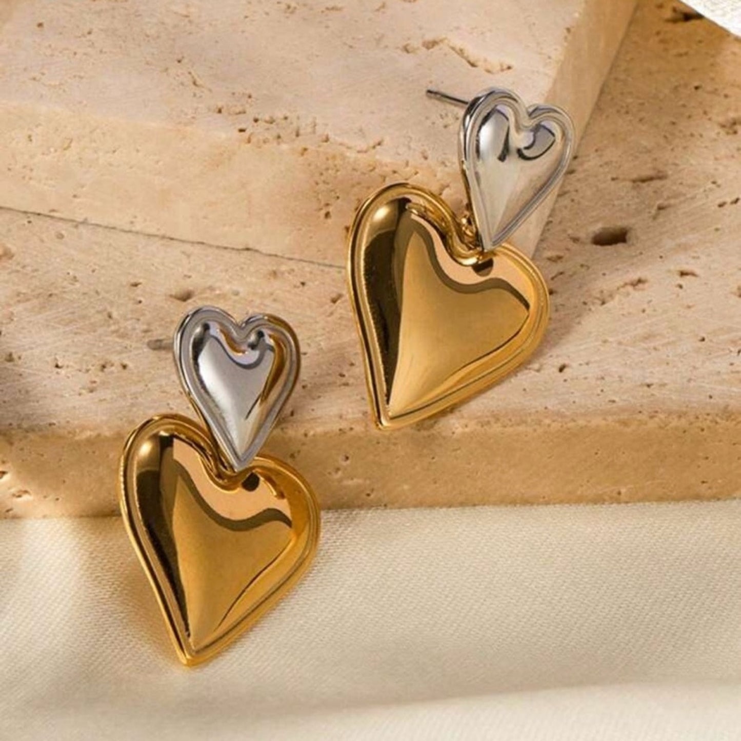 Two Toned Double Heart Earrings (gold + silver in 1)