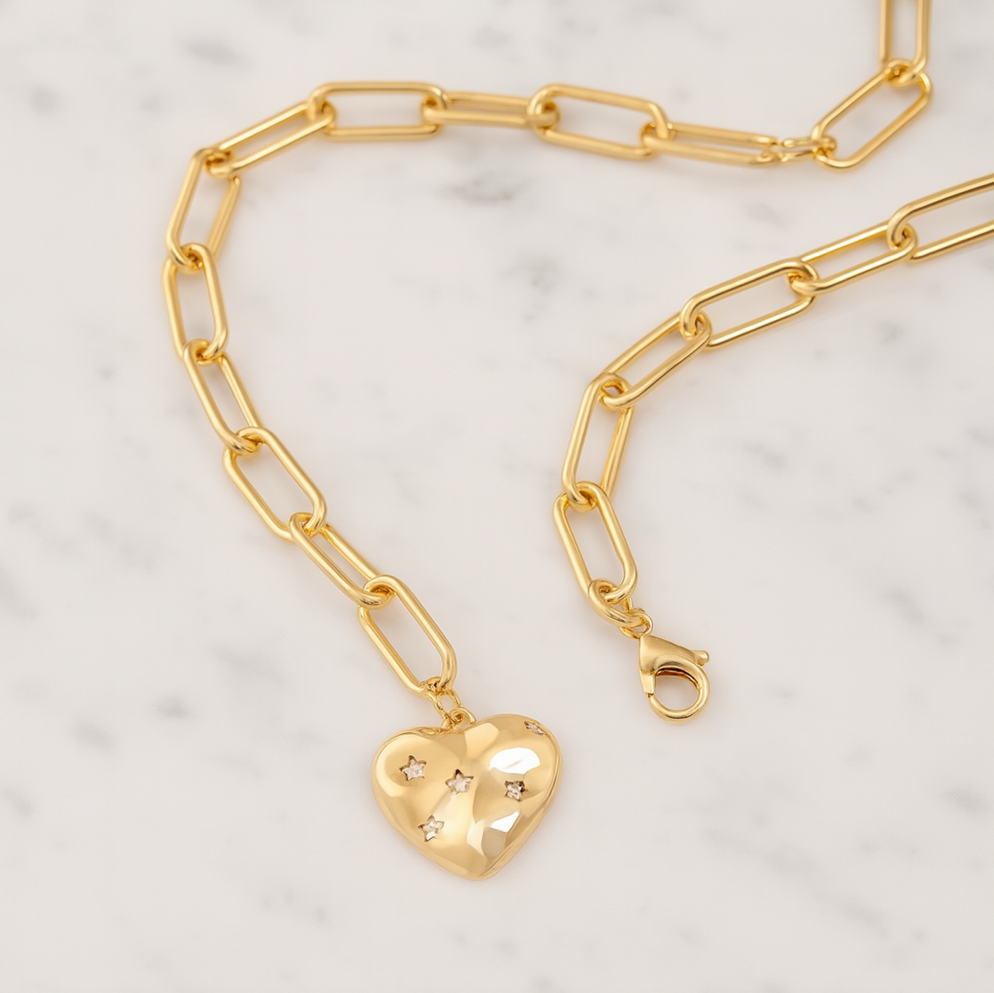 Gold - "Piper" Necklace - Heart Charm Paper Clip Chain