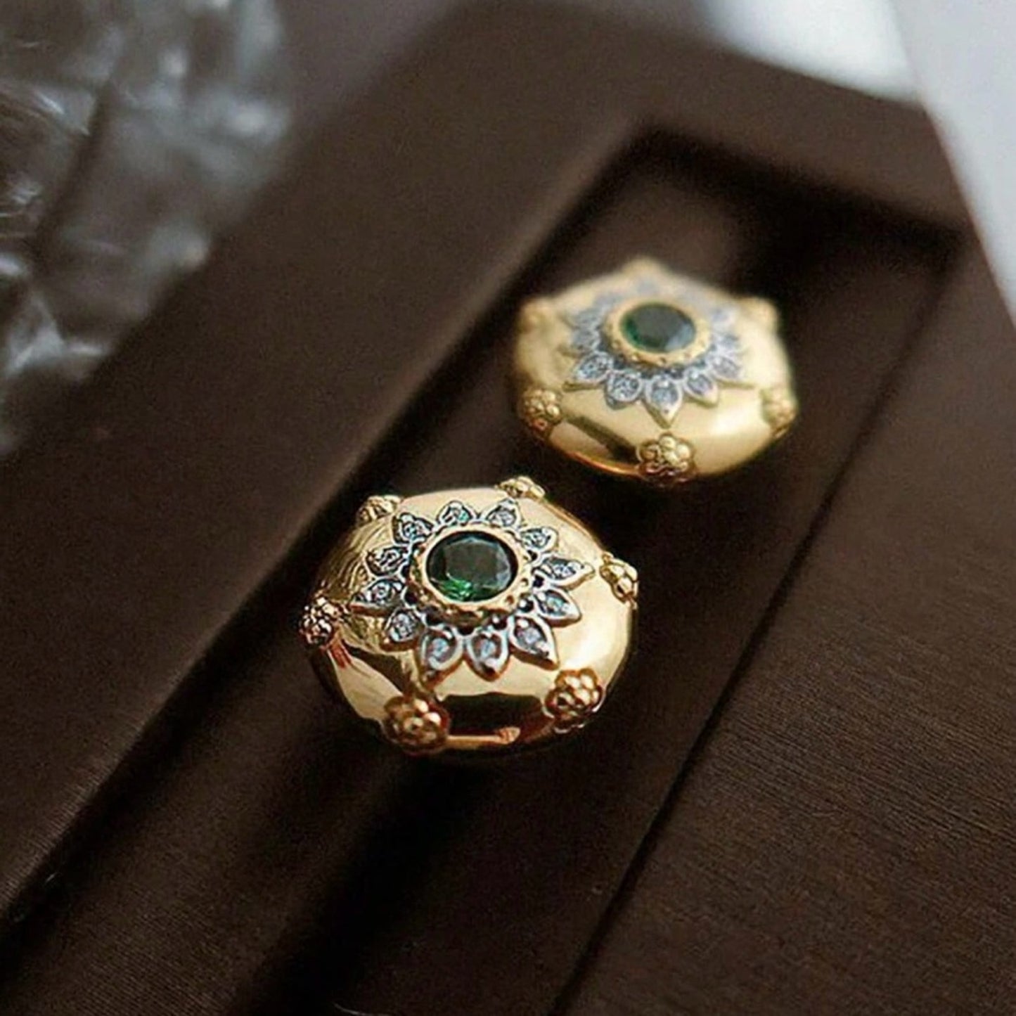 “Lilah” Vintage Style Gold Emerald Geometric Earrings