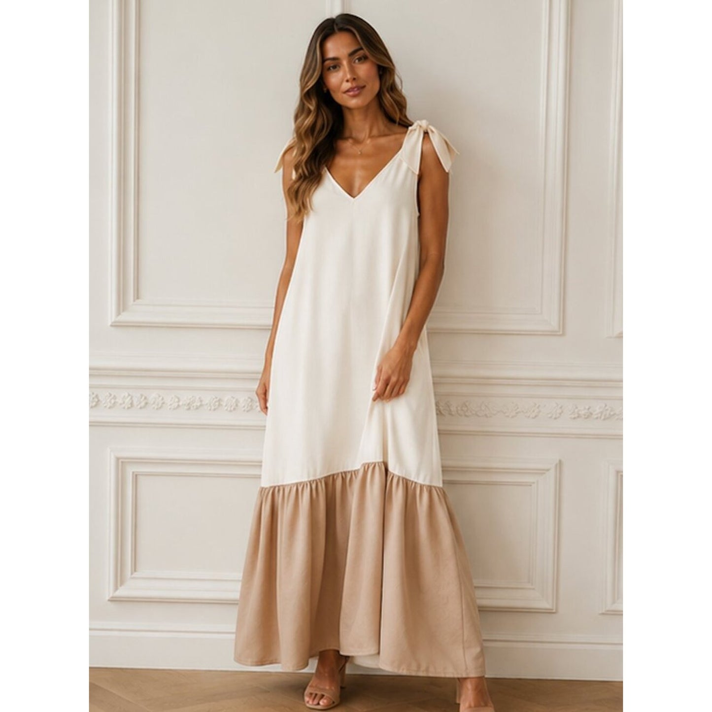 Medium Bridal Tie Shoulder Drop Waist Maxi Dress