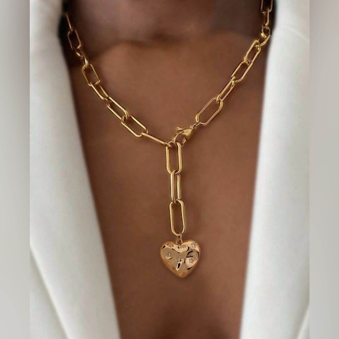 Gold - "Piper" Necklace - Heart Charm Paper Clip Chain