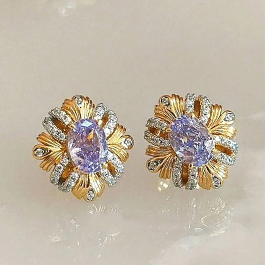 Vintage Style Lilac Gold Gemstone Earrings