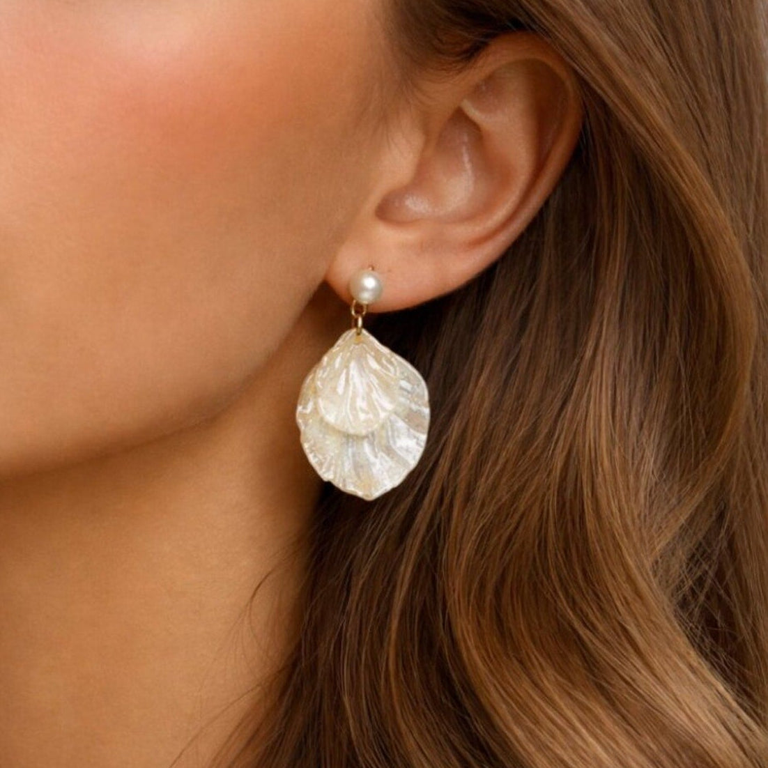 “Saint-Tropez” Layered Pearl Shell Drop Earrings – Gold Pearl Statement Earrings