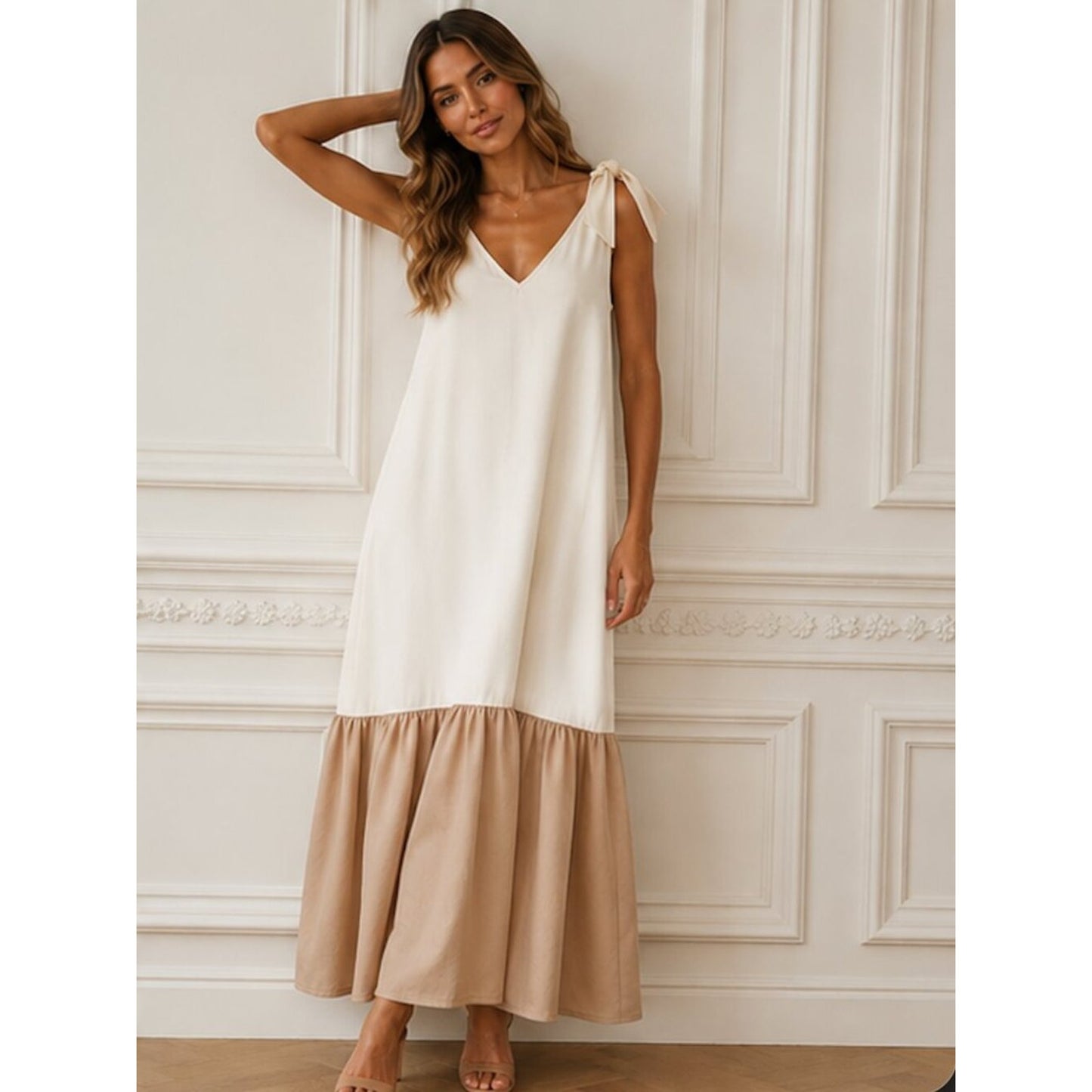 Medium Bridal Tie Shoulder Drop Waist Maxi Dress