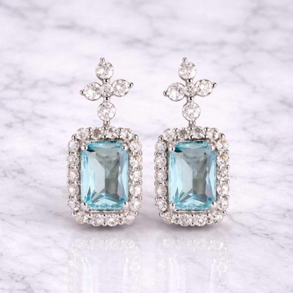 “Rothschild” Aquamarine Drop Earrings – Emerald Cut Halo Statement Earrings in Silver