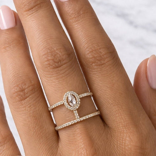 “Imogen” Pavé Clover Cuff Ring – Gold Pear Statement Ring
