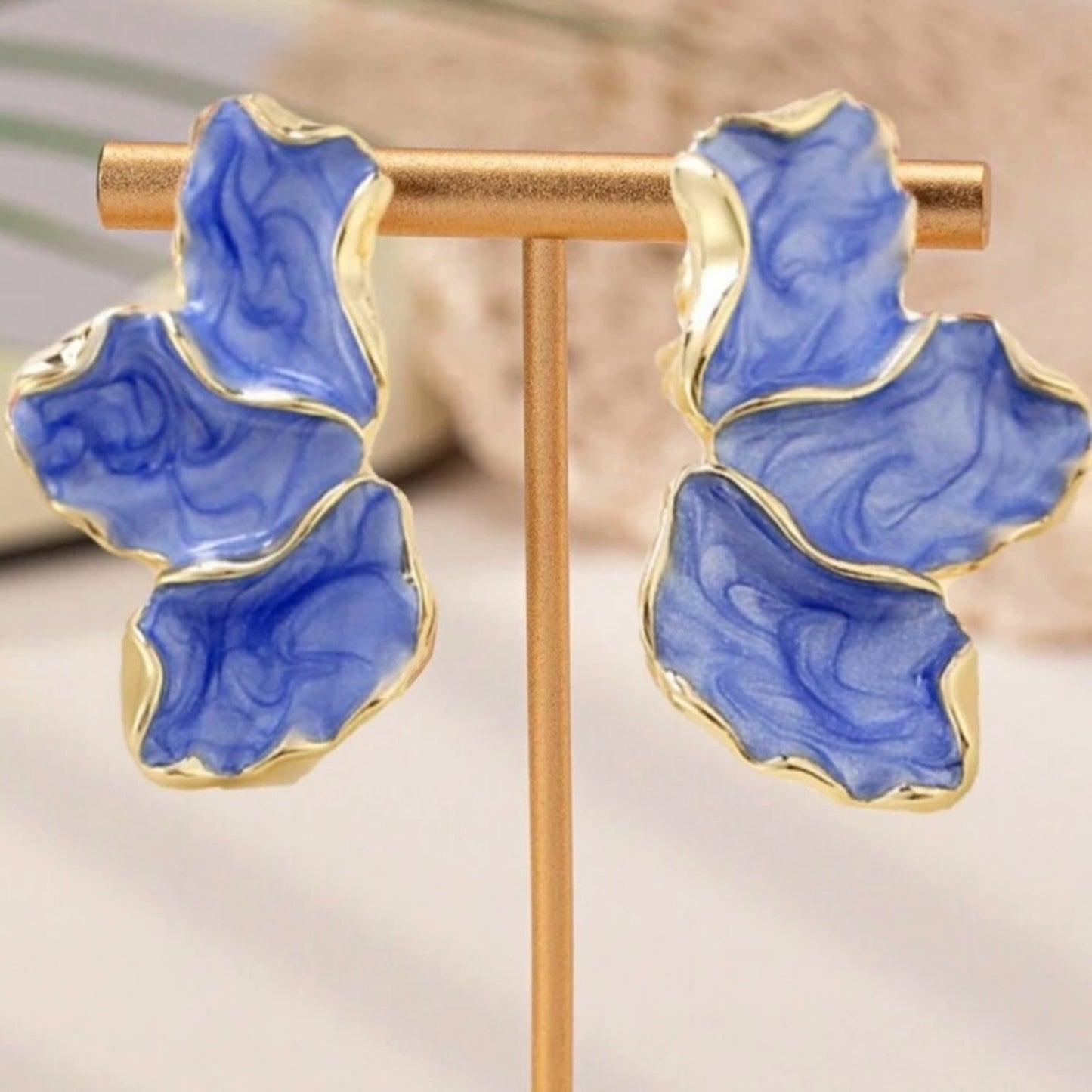 Petite "Sophia" Blue + Gold Leaf Floral Earring