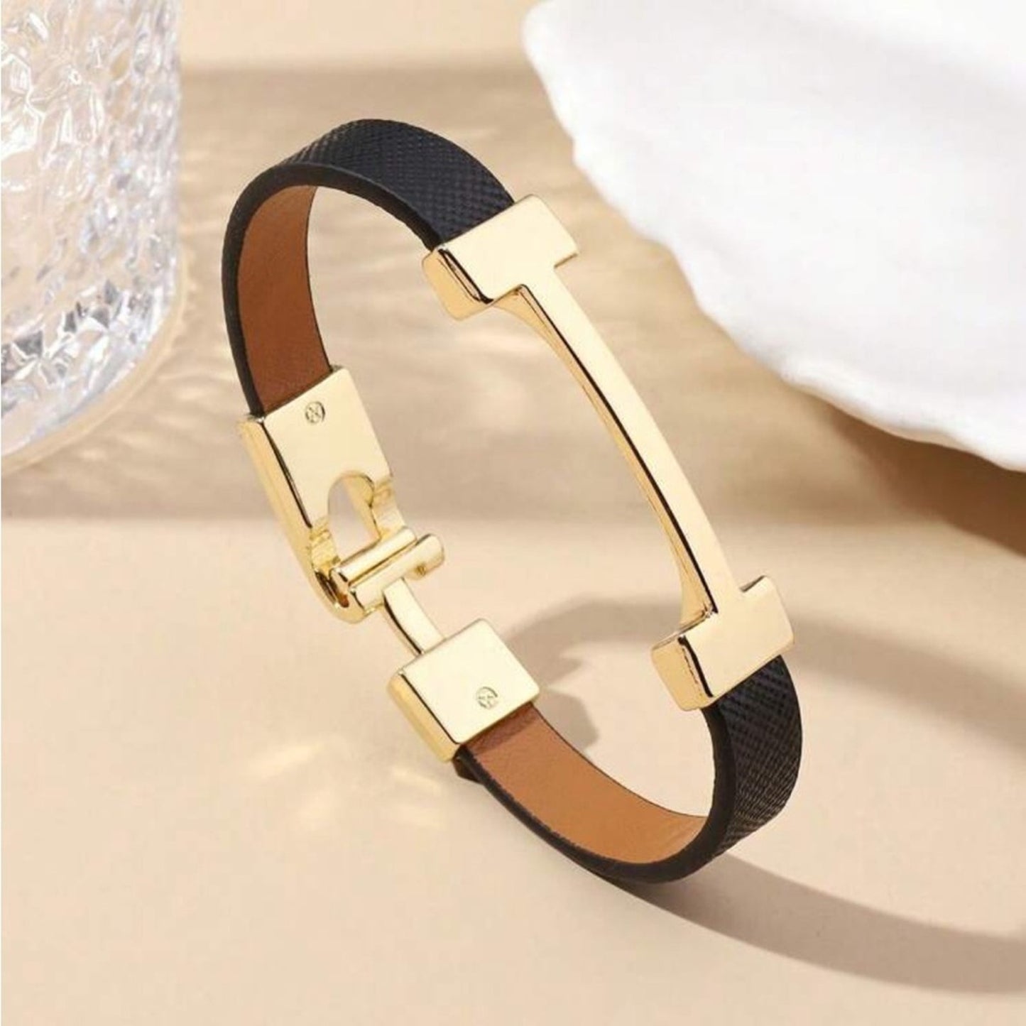 Black Vegan Leather Cuff Bracelet Gold