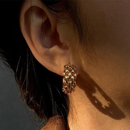 “Lina” Gold Plated Braided Chain C Hoop Earrings
