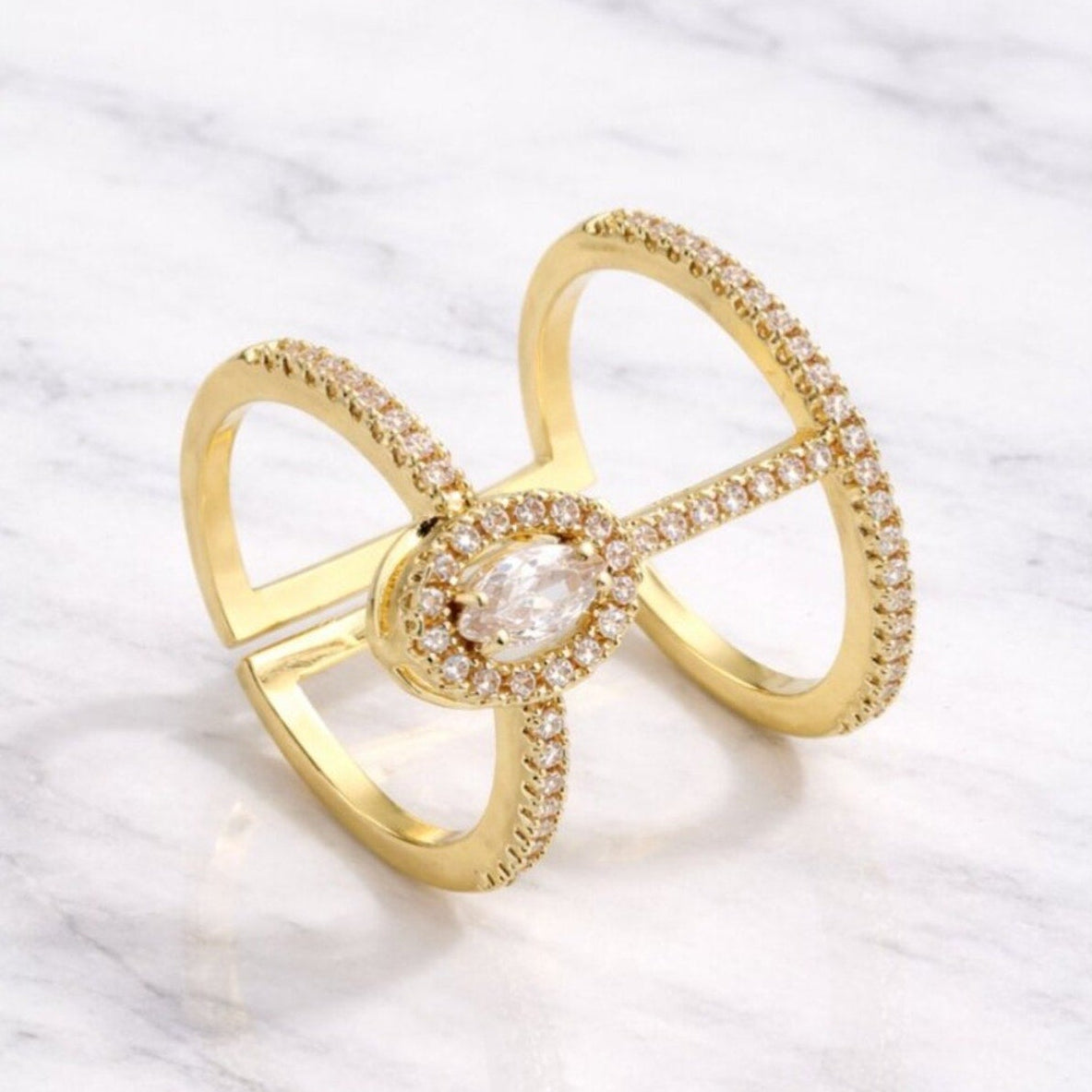 “Imogen” Pavé Clover Cuff Ring – Gold Pear Statement Ring