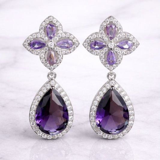 “Stewart” Purple Clover Drop Earrings – Amethyst Teardrop Halo Statement Earrings
