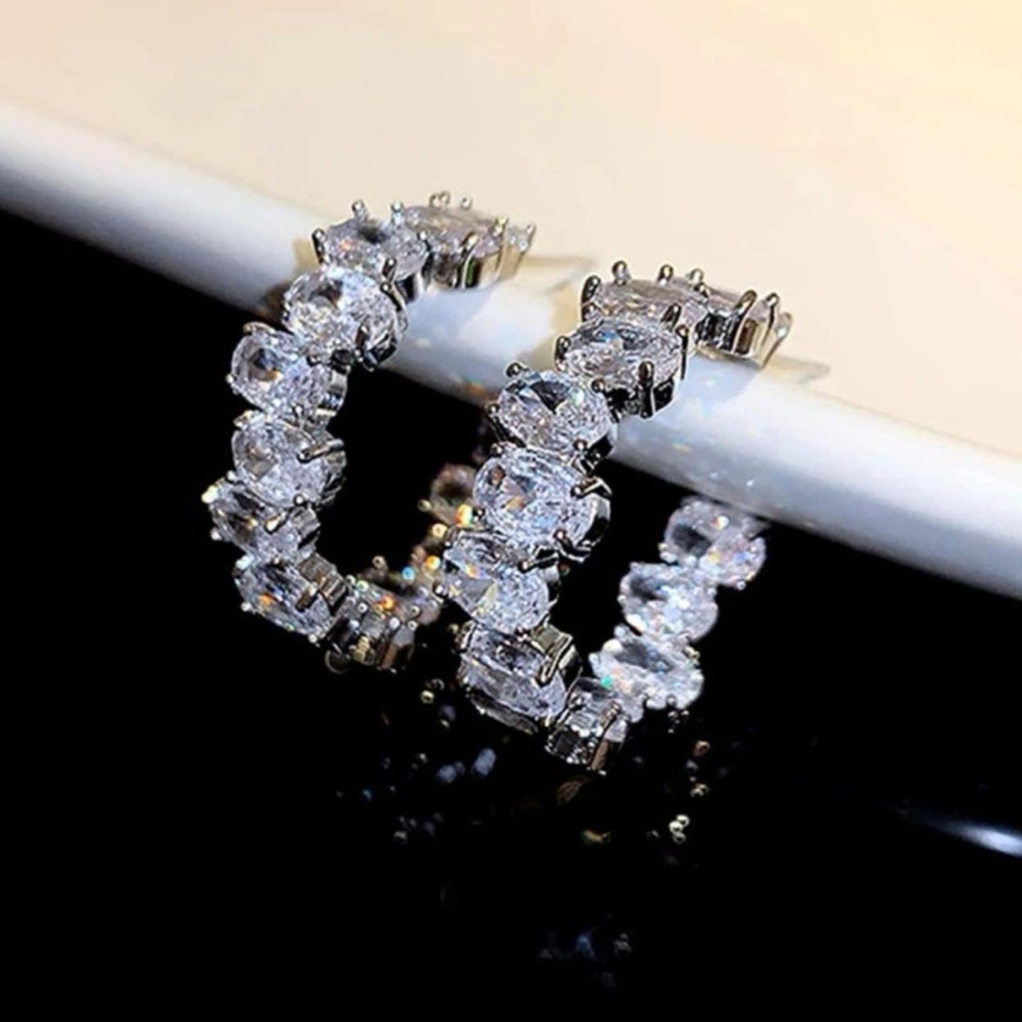 “Kiara” Hoop Earrings Silver Oval CZ Diamonds