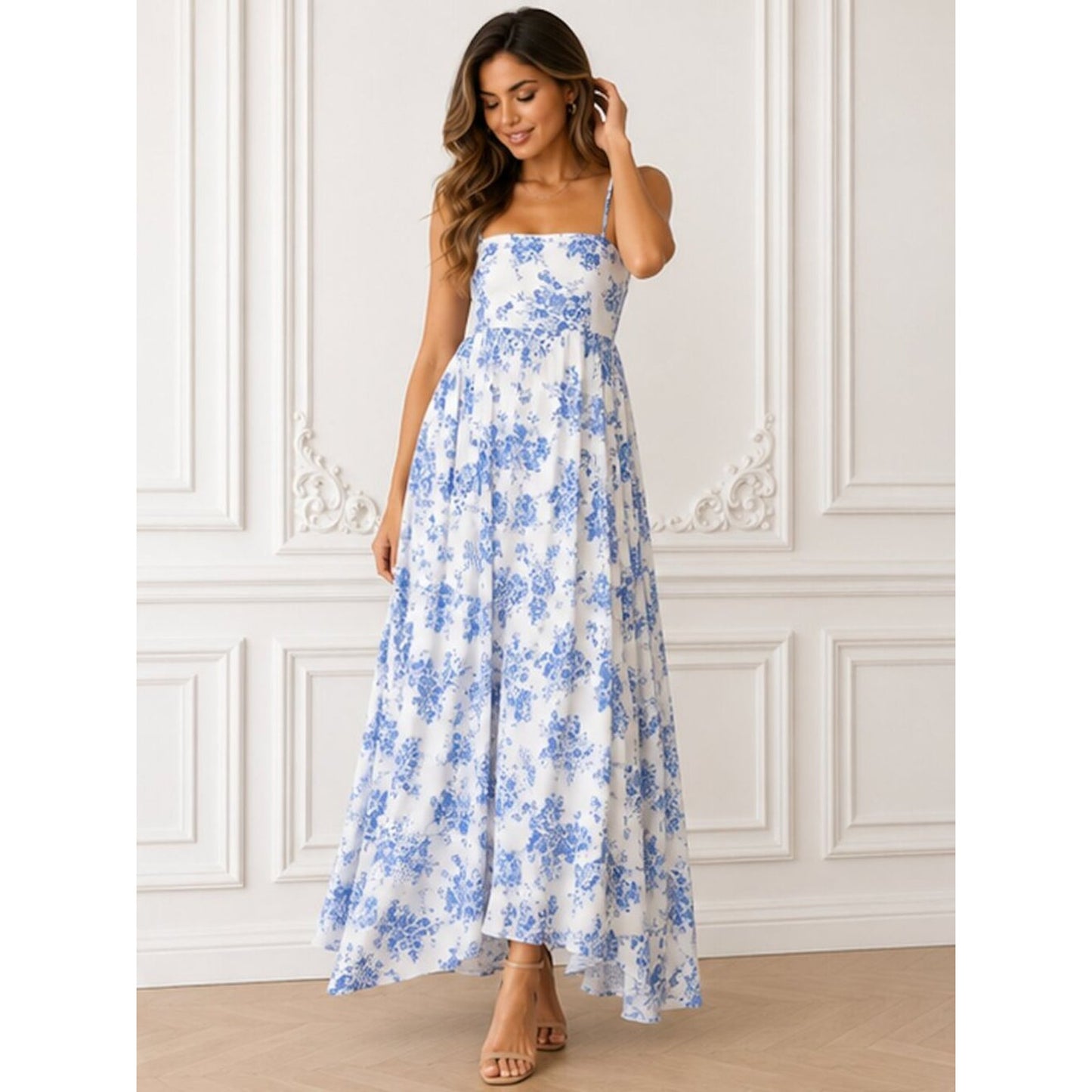 "Sasha" Large Blue White Floral Maxi Dress