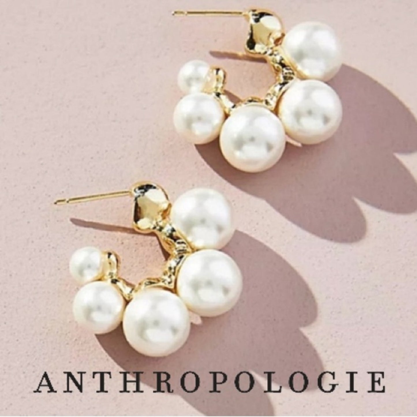Anthro Gradient Pearl 18K Gold Plated Hoop Earrings