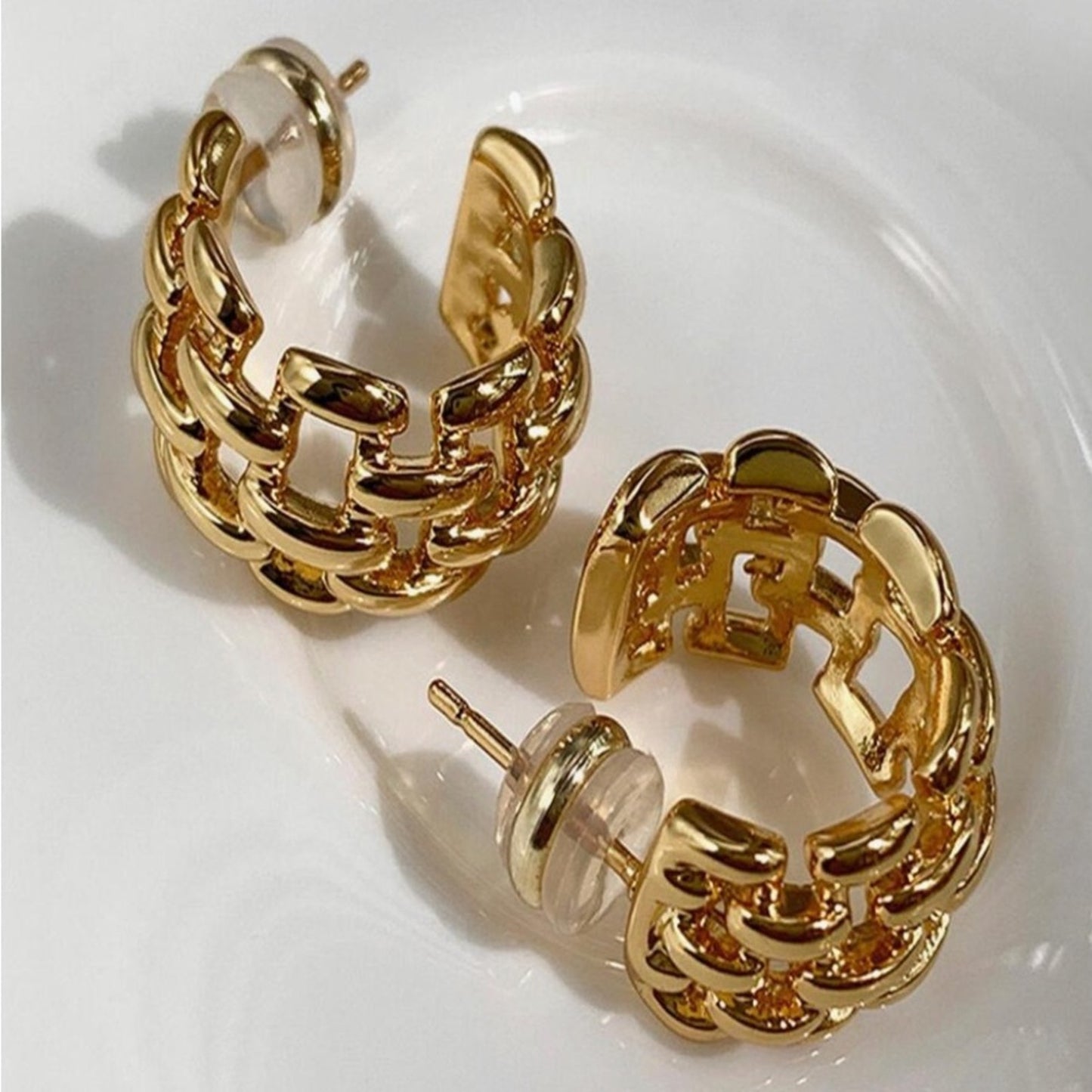 “Lina” Gold Plated Braided Chain C Hoop Earrings