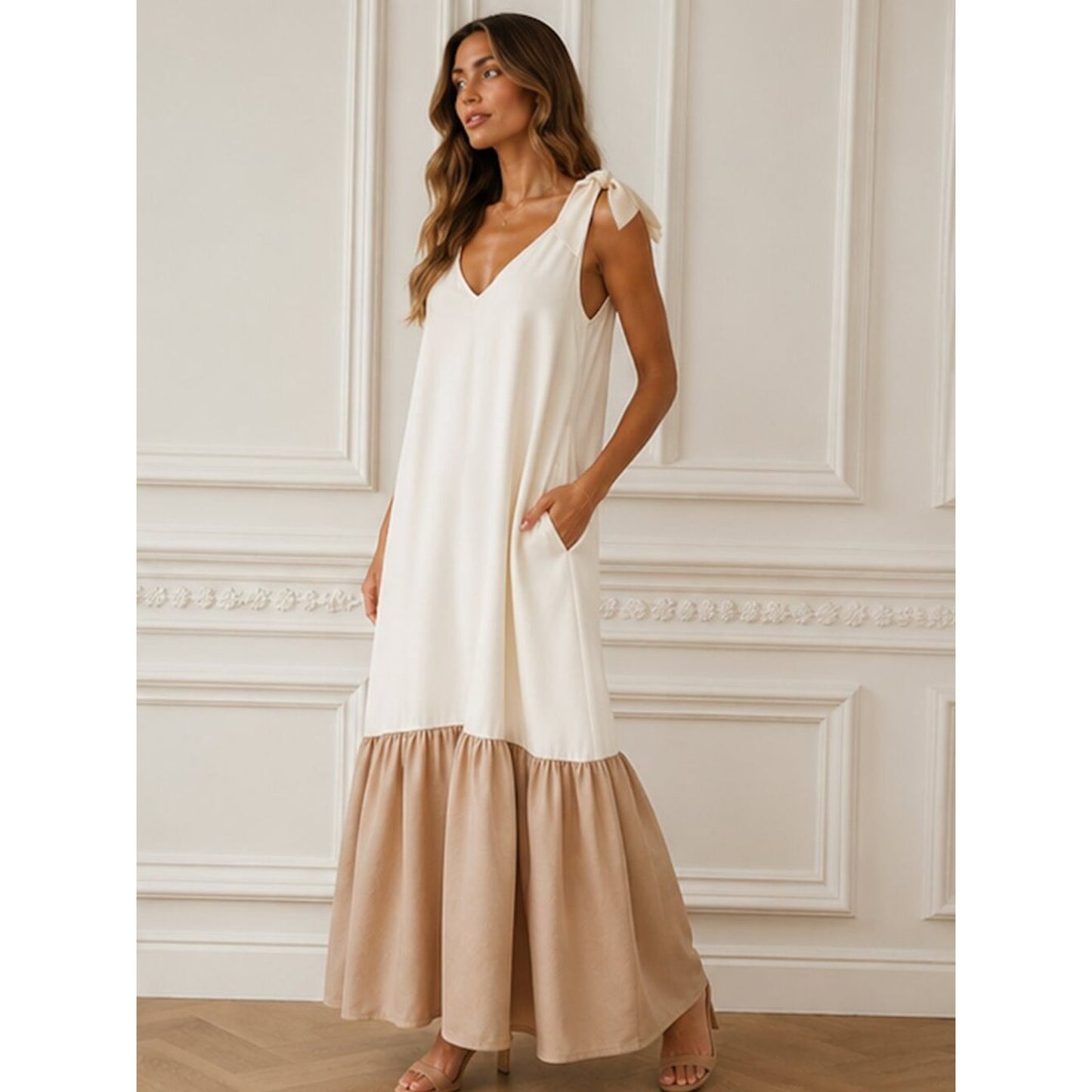 Medium Bridal Tie Shoulder Drop Waist Maxi Dress