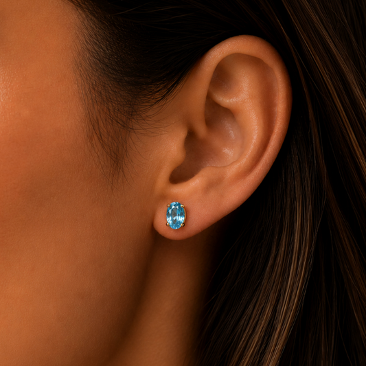 “Harlen” Aquamarine Oval Stud Earrings – Gold Classic Gemstone Studs