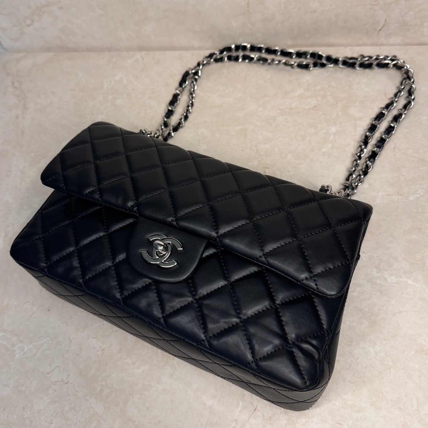 *Re-Sale Item* Classic Black & Silver Double Flap Handbag