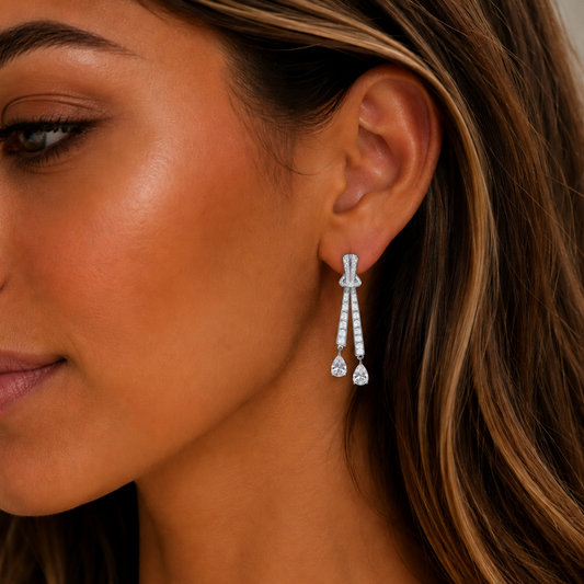 “Renley” Art Deco Drop Earrings – Silver Pavé Bow & Pear Cut Statement Earrings