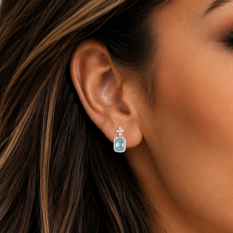 “Rothschild” Aquamarine Drop Earrings – Emerald Cut Halo Statement Earrings in Silver