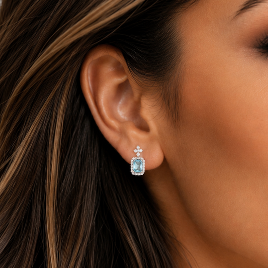 “Rothschild” Aquamarine Drop Earrings – Emerald Cut Halo Statement Earrings in Silver