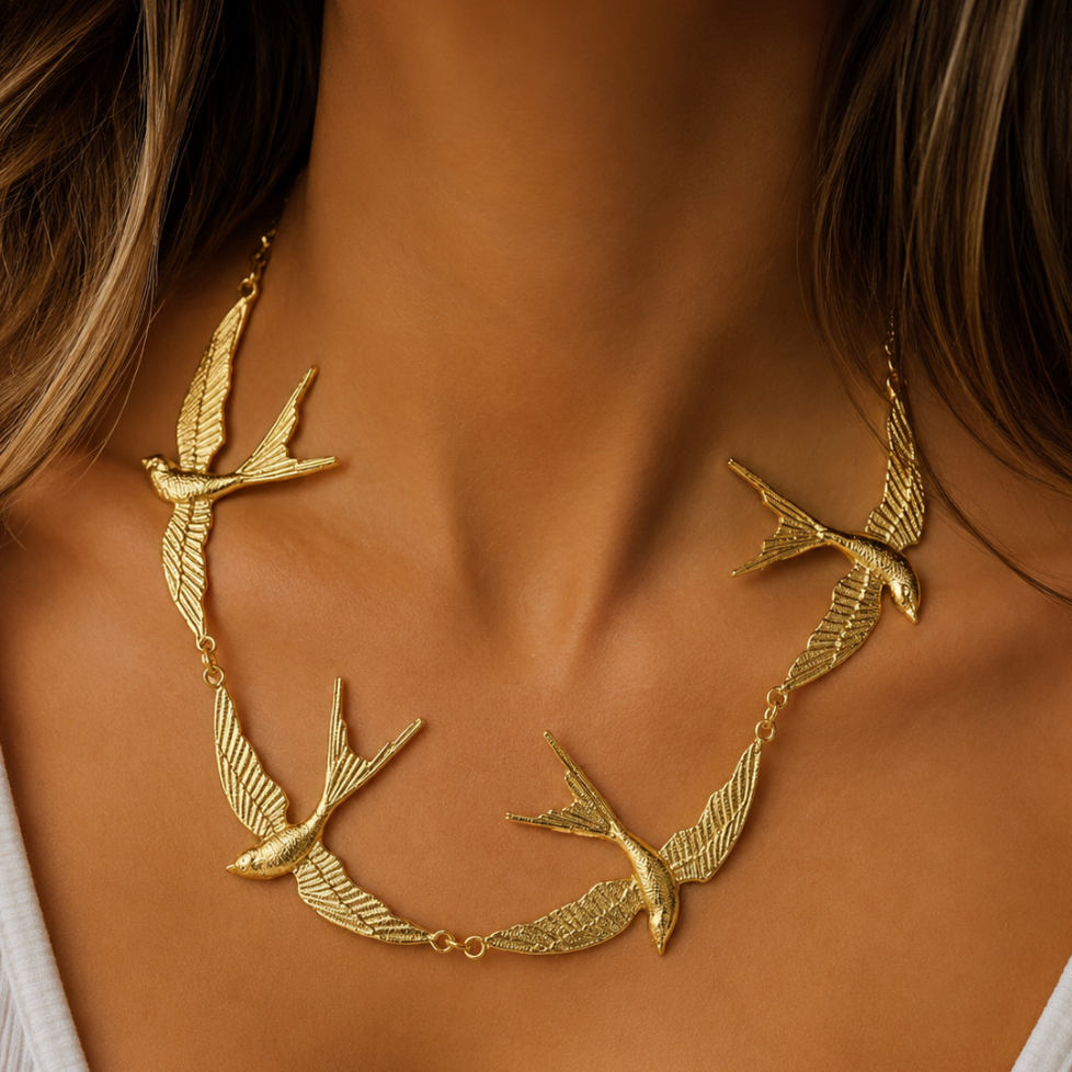 Gold Sparrow Statement Necklace – Vintage Inspired Bird Necklace, Adjustable Chain