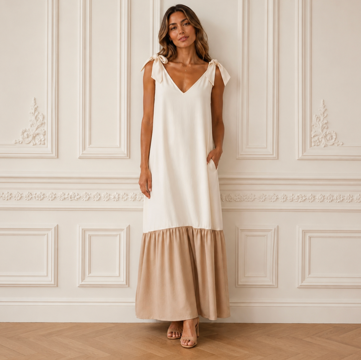 Medium Bridal Tie Shoulder Drop Waist Maxi Dress