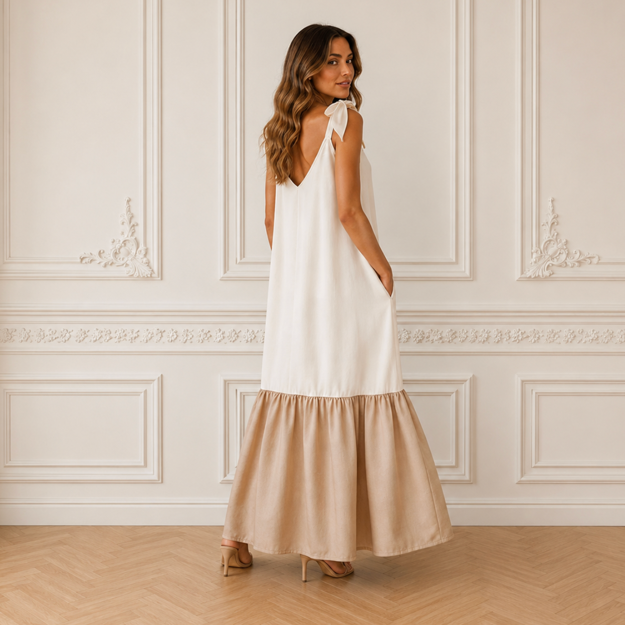 Medium Bridal Tie Shoulder Drop Waist Maxi Dress