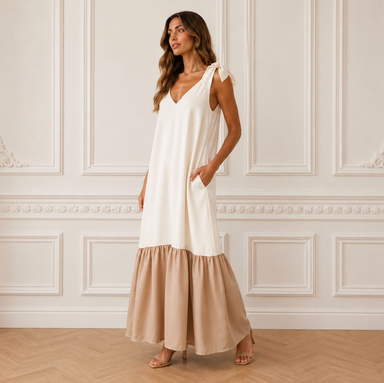 Medium Bridal Tie Shoulder Drop Waist Maxi Dress