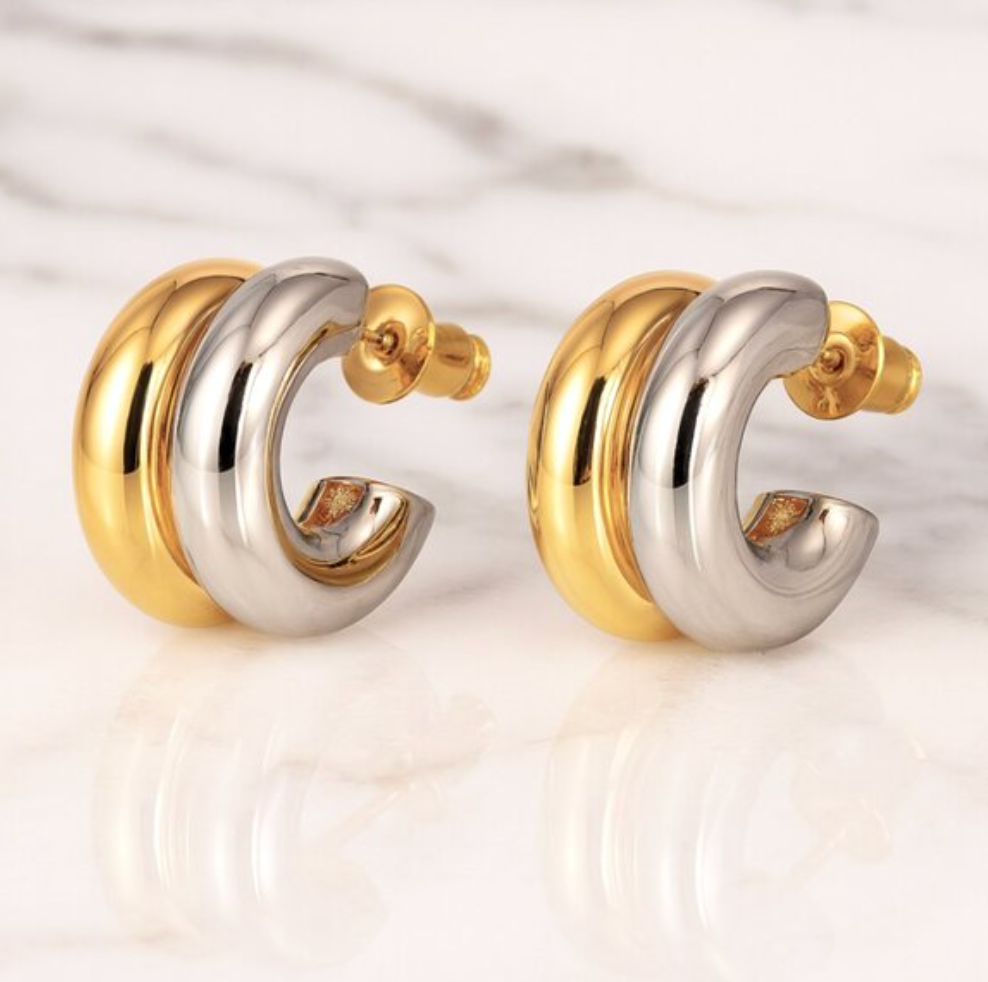 Two Toned 18K Gold and Silver Hoop Earrings