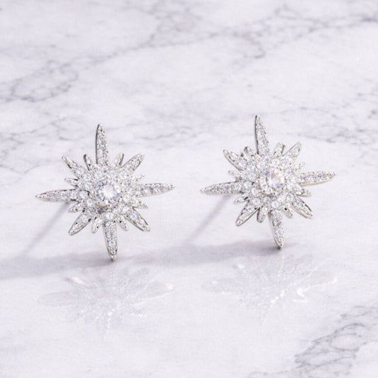 “Declan” Pavé Starburst Stud Earrings – Gold & Silver Sunburst Sparkle Studs