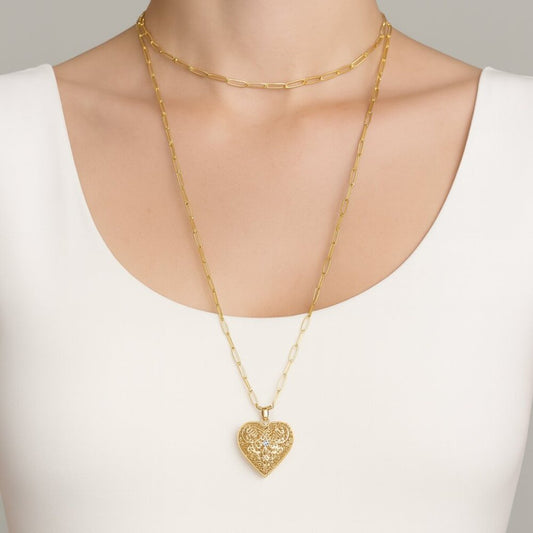 "Zahari" 14K Heart Locket with Paperclip Chain