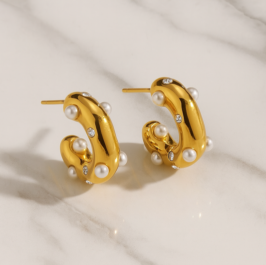 “Bella” 18K Gold Plated Stainless Steel Pearl Hoops
