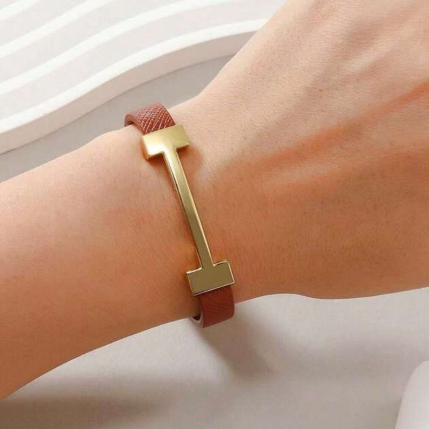 BROWN Vegan Leather H Cuff Bracelet