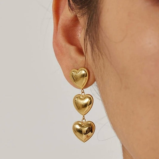 “Amara” Heart Trio Gold Drop Earrings