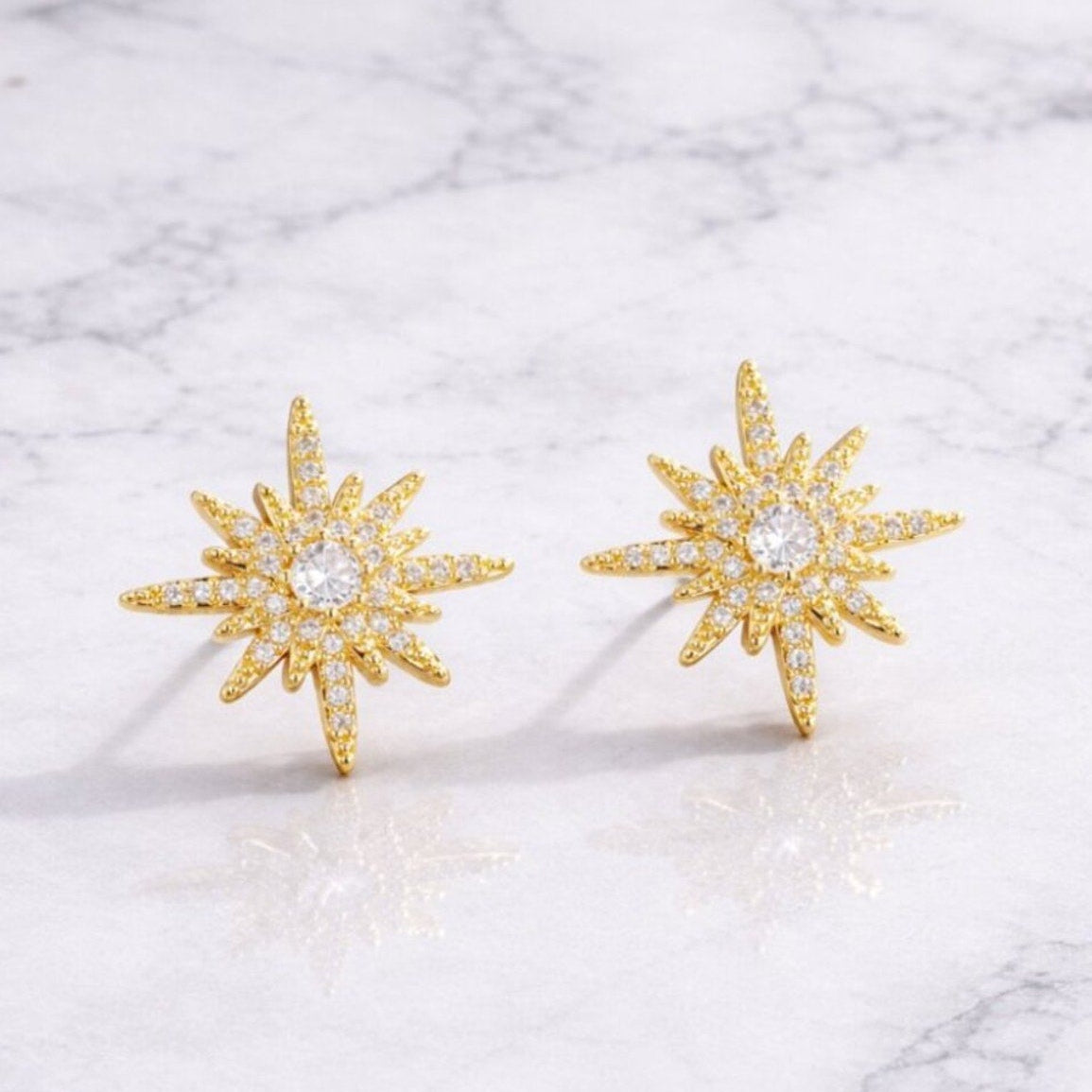 “Declan” Pavé Starburst Stud Earrings – Gold & Silver Sunburst Sparkle Studs