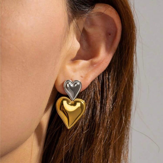 Two Toned Double Heart Earrings (gold + silver in 1)