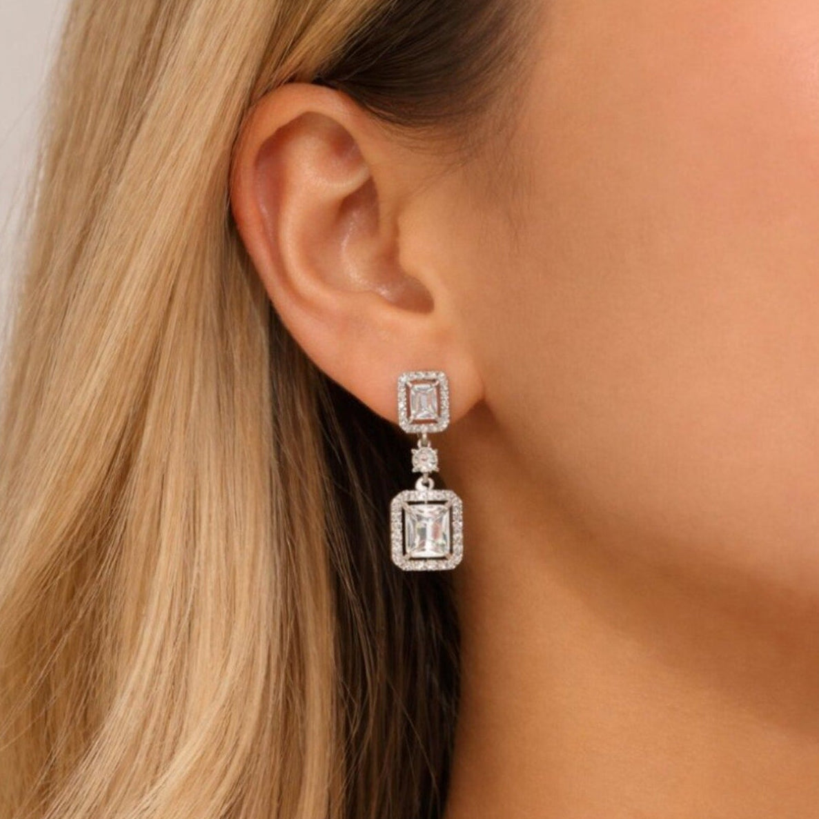 “Enzo” Emerald Cut Drop Earrings – Silver Double Halo Statement Earrings