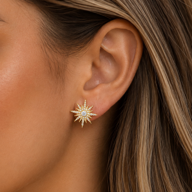 “Declan” Pavé Starburst Stud Earrings – Gold & Silver Sunburst Sparkle Studs